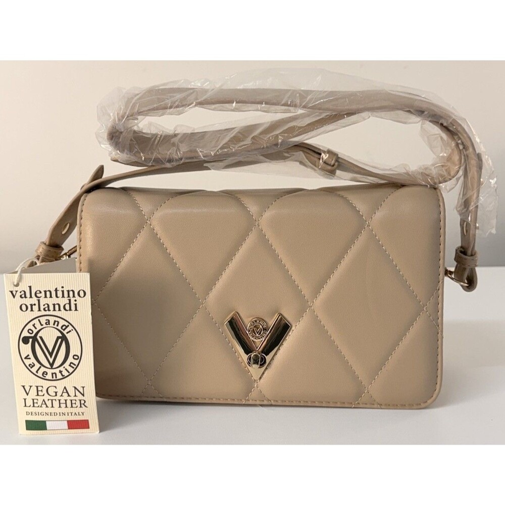 New Valentino Orlandi Crossbody Purse Bag Tan Beige Vegan Leather